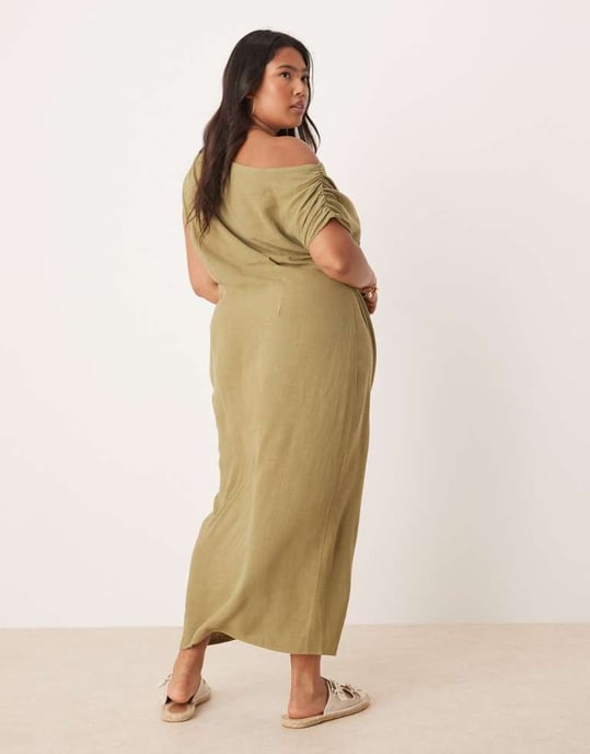 ASOS DESIGN Curve linnefallen twist axelomslag kjol detalj midi klänning i khaki - Image 4