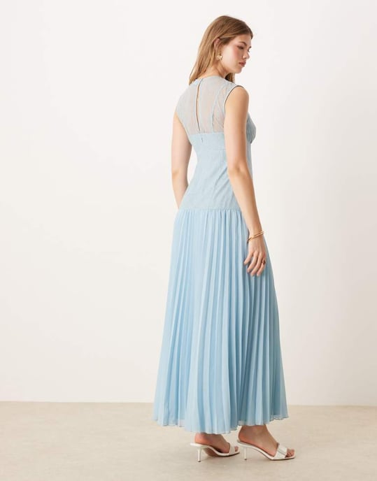 ASOS DESIGN spetsliv plisserad kjol midiklänning i isig blå - Image 4
