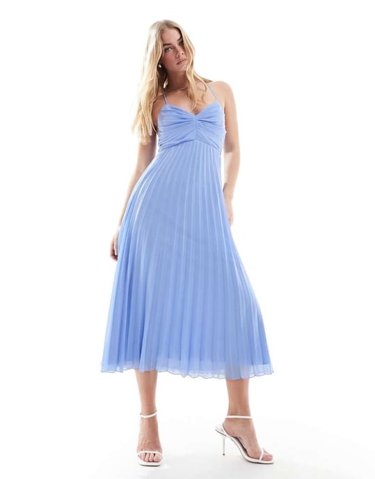 ASOS DESIGN plisserad barm med remmar, plisserad midiklänning med knytning i ryggen i ljusblått - Image 4
