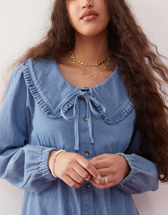 Miss Selfridge knyt-fram volang midi klänning i blå tvätt - Image 2