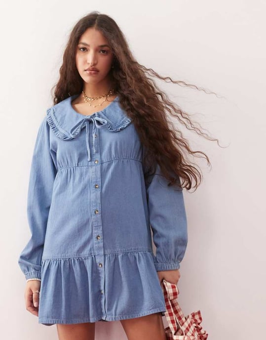 Miss Selfridge knyt-fram volang midi klänning i blå tvätt - Image 3
