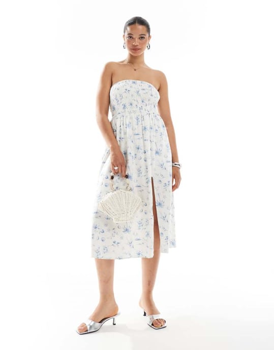 Hollister strapless drop waist panelled midiklänning i blått blommönster - Image 1
