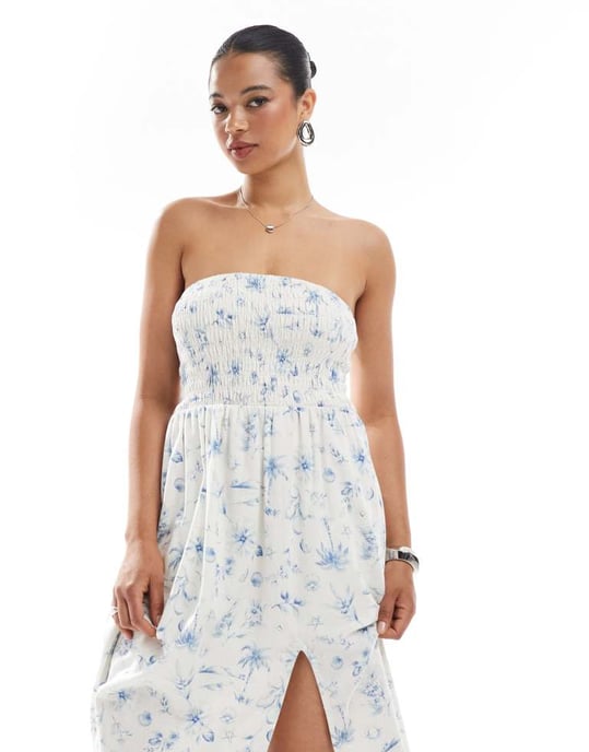 Hollister strapless drop waist panelled midiklänning i blått blommönster - Image 3