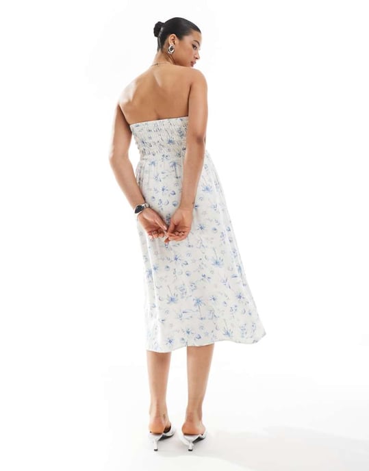 Hollister strapless drop waist panelled midiklänning i blått blommönster - Image 4