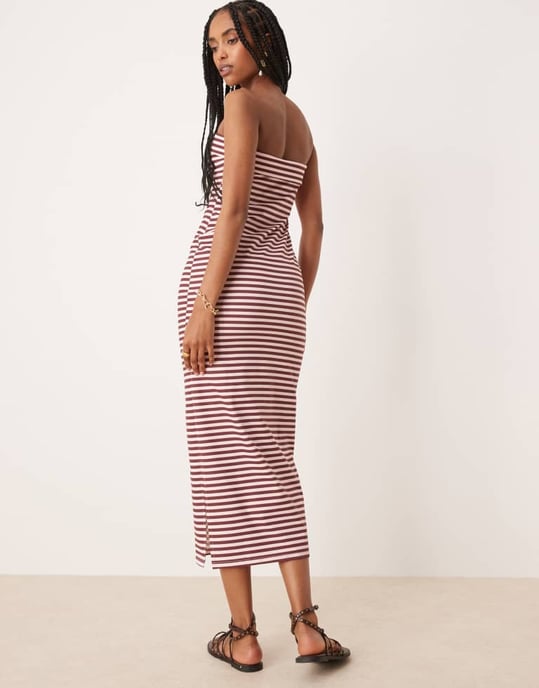ASOS DESIGN bandeau veckad midiklänning i brunt och rosa randigt - Image 4