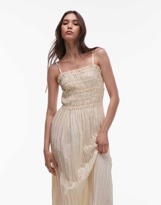 Topshop krinklad rynkad byst midiklänning i naturlig - Image 4