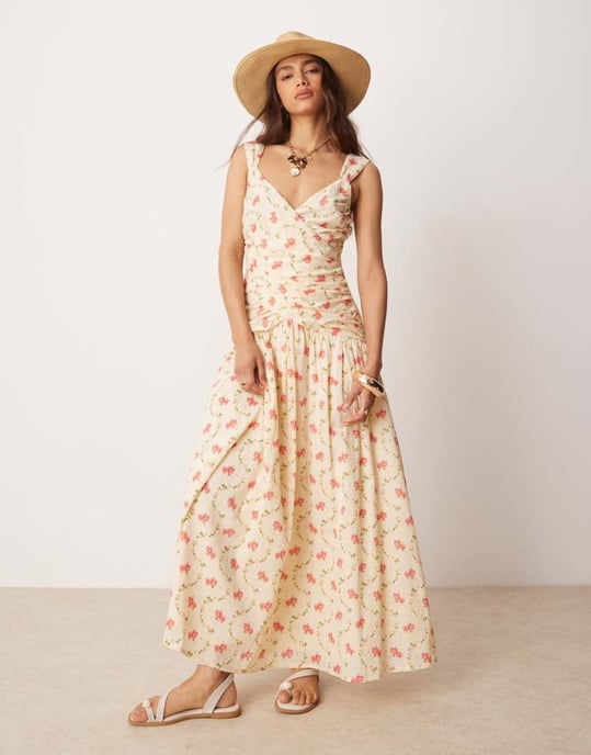 ASOS DESIGN midiklänning med sänkt midja och knytning i blommönster - Image 3