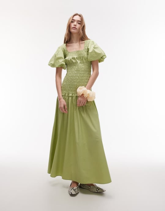 Topshop puffärmad fyrkantig halsringning med rynk midi-klänning i grön - Image 1
