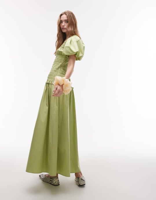 Topshop puffärmad fyrkantig halsringning med rynk midi-klänning i grön - Image 2