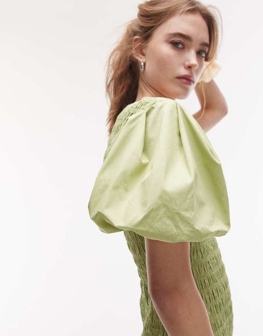 Topshop puffärmad fyrkantig halsringning med rynk midi-klänning i grön - Image 3