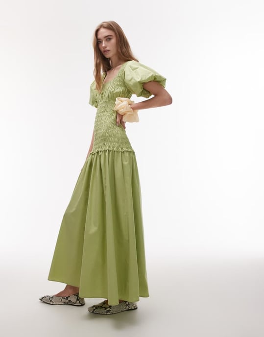 Topshop puffärmad fyrkantig halsringning med rynk midi-klänning i grön - Image 4