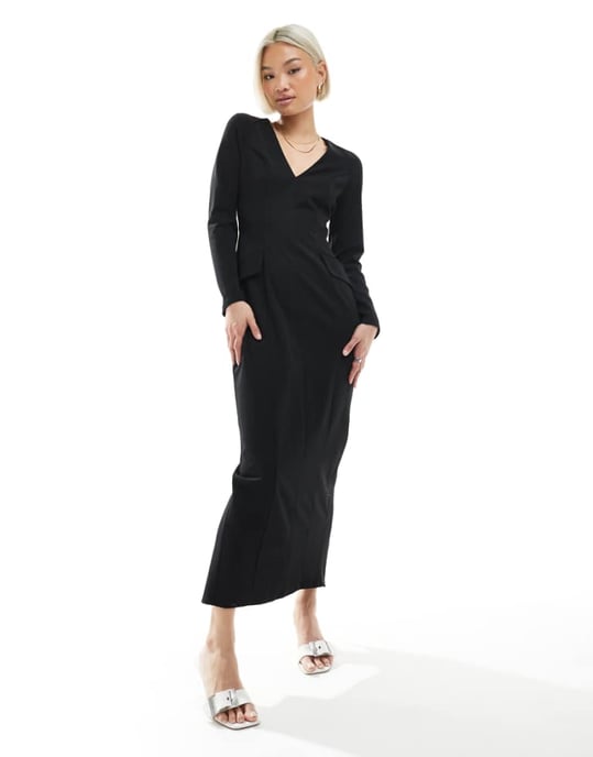 ASOS DESIGN långärmad klänning med sömdetaljer och V-krage i svart - Image 1