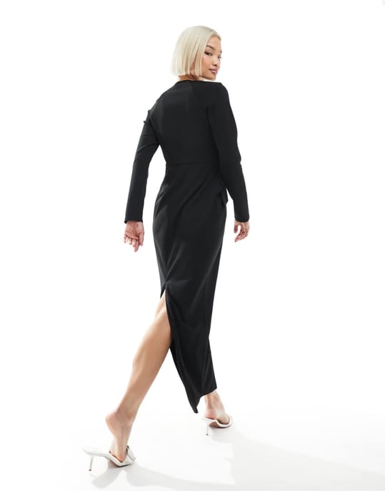 ASOS DESIGN långärmad klänning med sömdetaljer och V-krage i svart - Image 2