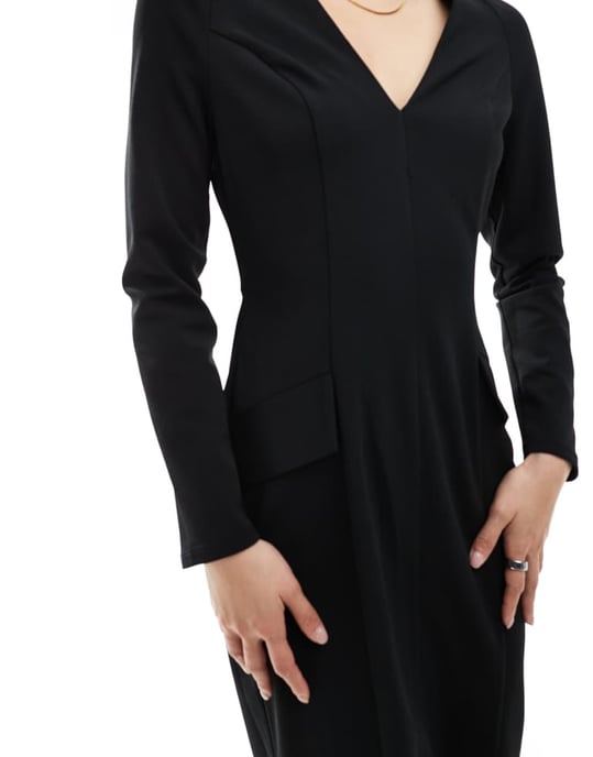 ASOS DESIGN långärmad klänning med sömdetaljer och V-krage i svart - Image 4