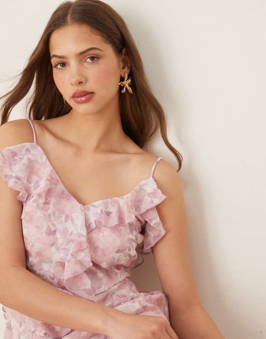 Vila frill trim midi-klänning i rosa blommönster - Image 3
