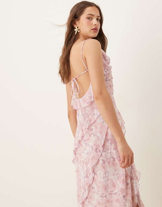 Vila frill trim midi-klänning i rosa blommönster - Image 4