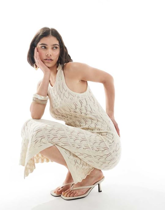 Vero Moda virkad midi-tank klänning i gräddfärg - Image 2