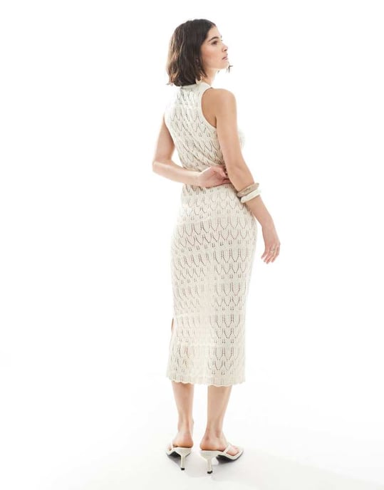Vero Moda virkad midi-tank klänning i gräddfärg - Image 4