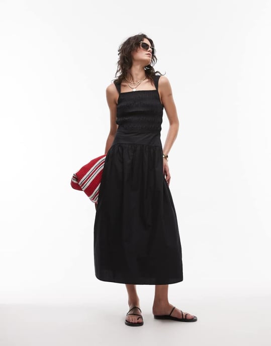 Topshop rynkad midi poplin-klänning i svart - Image 1