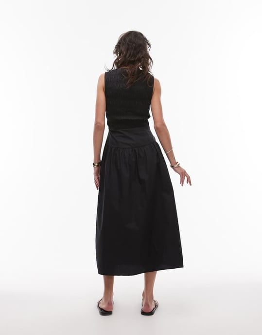 Topshop rynkad midi poplin-klänning i svart - Image 3