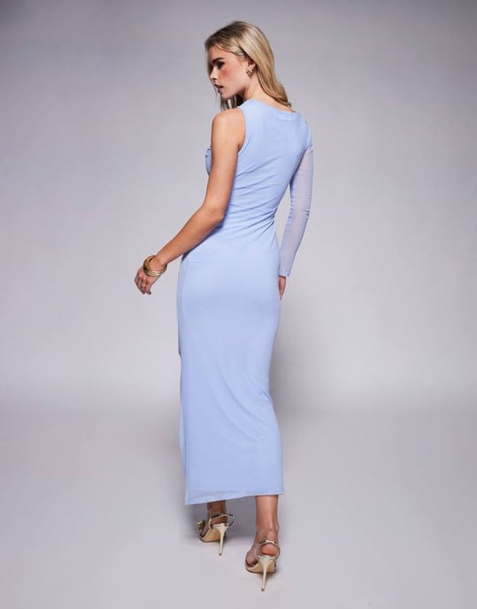 ASOS DESIGN Petite mesh enärmad asymmetrisk midi klänning med kanaliserad remdetail i ljusblått - Image 2
