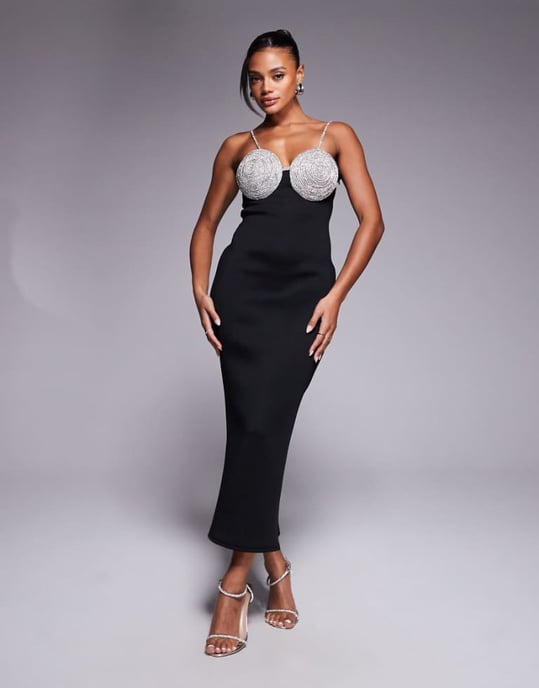 ASOS DESIGN midi-klänning med silverpryddt behådetalj i svart i scuba-liknande tyg - Image 1