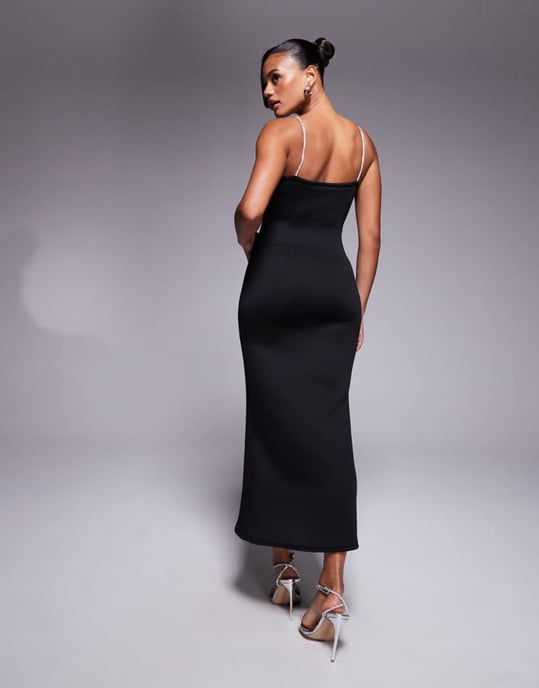 ASOS DESIGN midi-klänning med silverpryddt behådetalj i svart i scuba-liknande tyg - Image 3