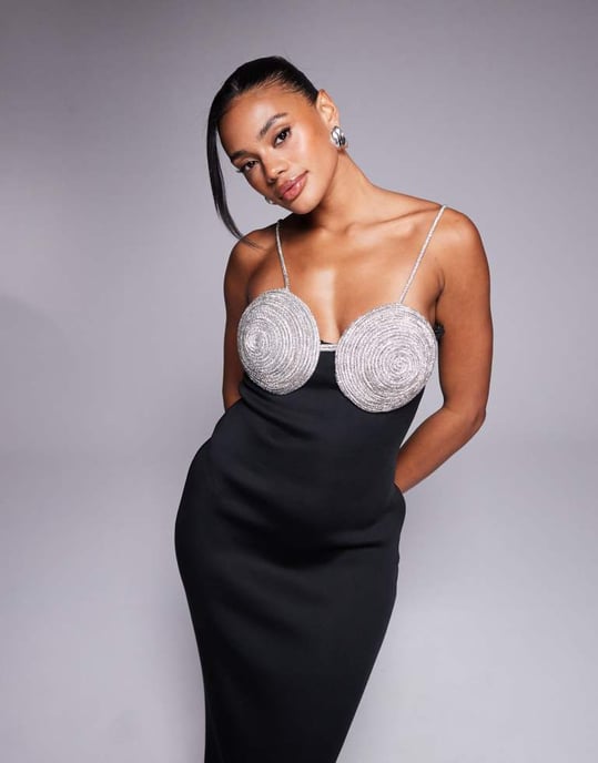 ASOS DESIGN midi-klänning med silverpryddt behådetalj i svart i scuba-liknande tyg - Image 4