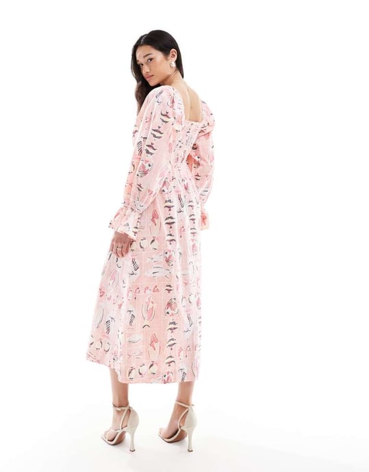 Object vintage tvättad fisktryck smock midiklänning i rosa - Image 2