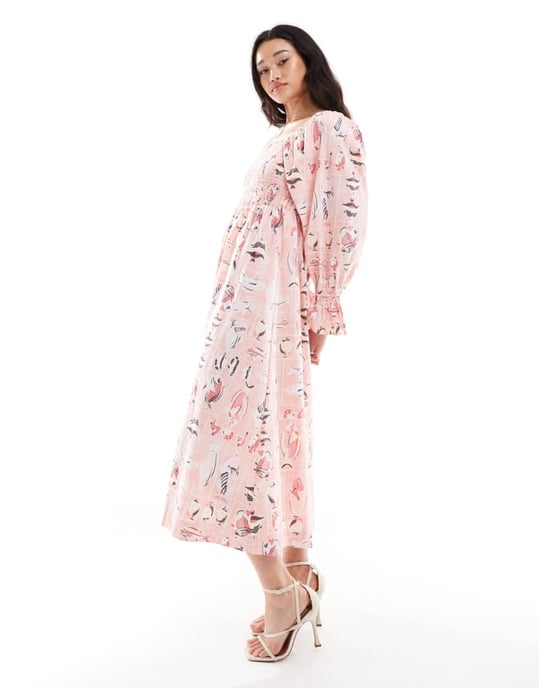 Object vintage tvättad fisktryck smock midiklänning i rosa - Image 4