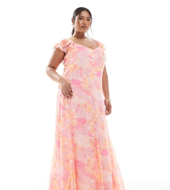 Vero Moda Curve Smilla klänning med fladderärmar och ankellängd i rosa suddig blommönster - Image 1