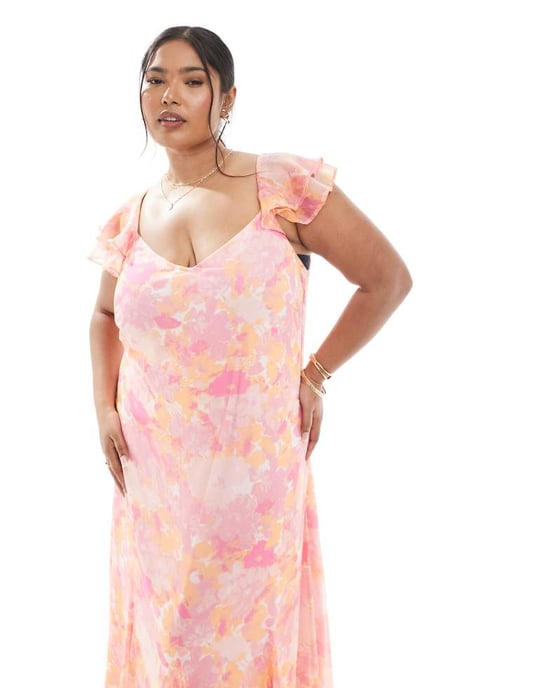 Vero Moda Curve Smilla klänning med fladderärmar och ankellängd i rosa suddig blommönster - Image 2