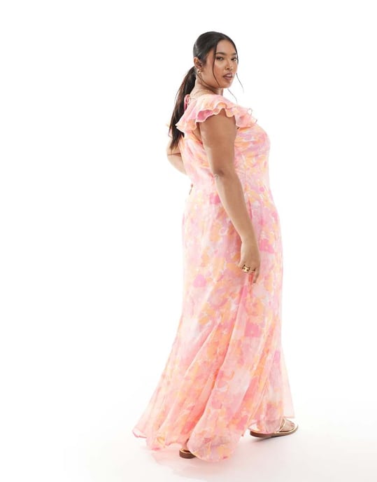Vero Moda Curve Smilla klänning med fladderärmar och ankellängd i rosa suddig blommönster - Image 4