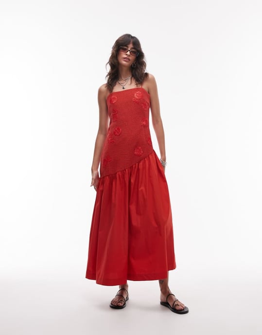 Topshop droppad midja raffiabodys midi sommarklänning i röd - Image 1