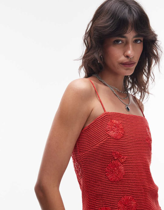 Topshop droppad midja raffiabodys midi sommarklänning i röd - Image 3