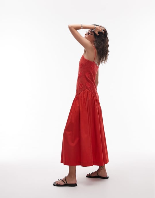 Topshop droppad midja raffiabodys midi sommarklänning i röd - Image 4