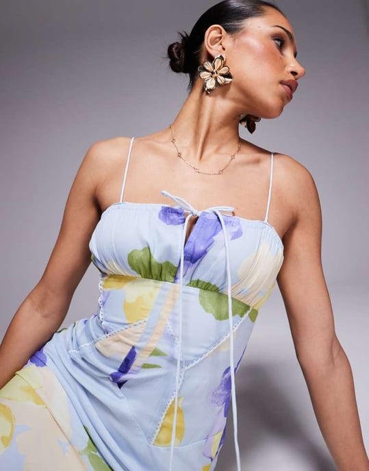 ASOS DESIGN bardot chiffon snedmidiklänning i lila blommönster - Image 2