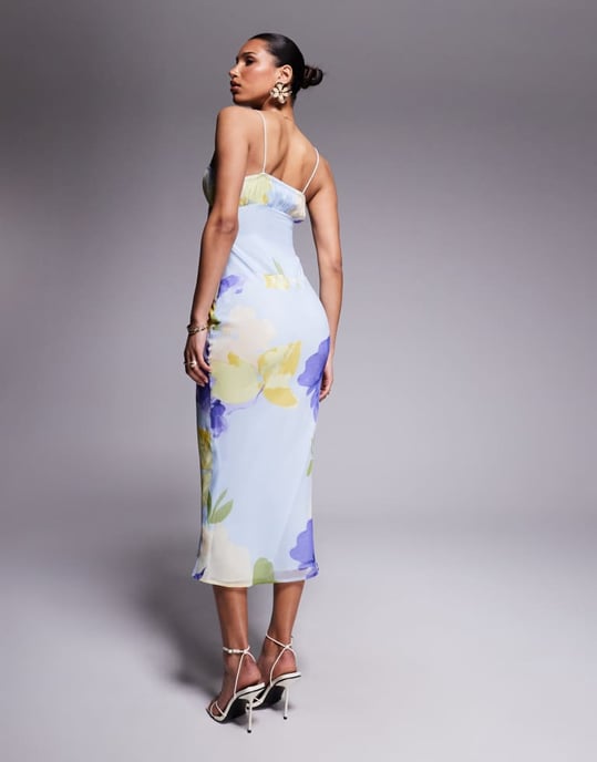 ASOS DESIGN bardot chiffon snedmidiklänning i lila blommönster - Image 3