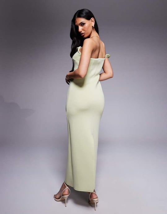 ASOS DESIGN bardot midiklänning med vriden axelrem i pastellgrön i scuba-material - Image 2