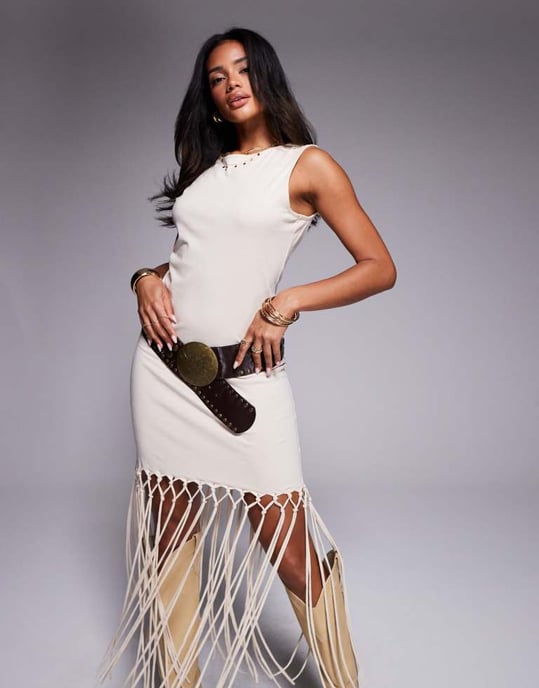 ASOS DESIGN ärmlös makraméfransdetalj midi-klänning i sten - Image 3