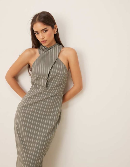 ASOS DESIGN bengaline korsad hals midi kolumnklänning i randig - Image 2