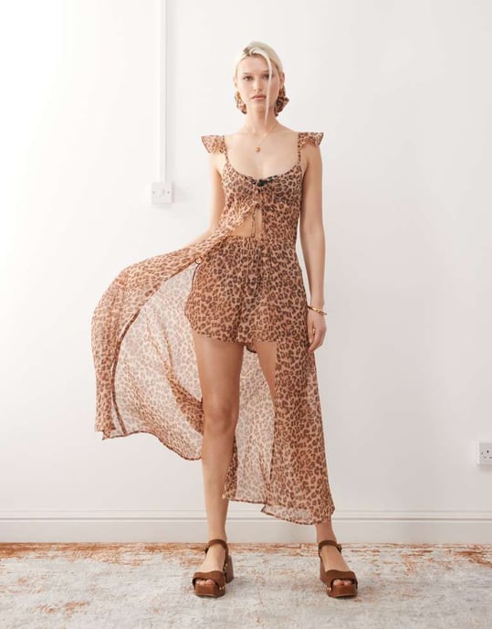 Återvunnet vintage långlinjigt genomskinligt strandtop med knytning framtill i leopardmönster koordinerat set - Image 2