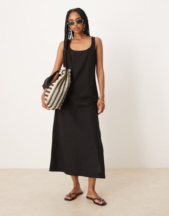ASOS DESIGN scoop neck bomull-linne midi solklänning i svart - Image 1