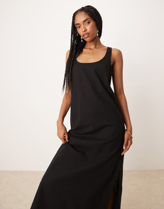 ASOS DESIGN scoop neck bomull-linne midi solklänning i svart - Image 2