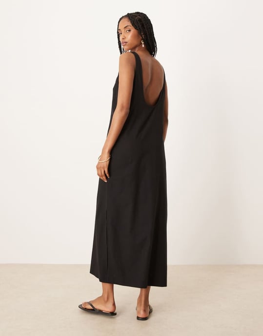 ASOS DESIGN scoop neck bomull-linne midi solklänning i svart - Image 4