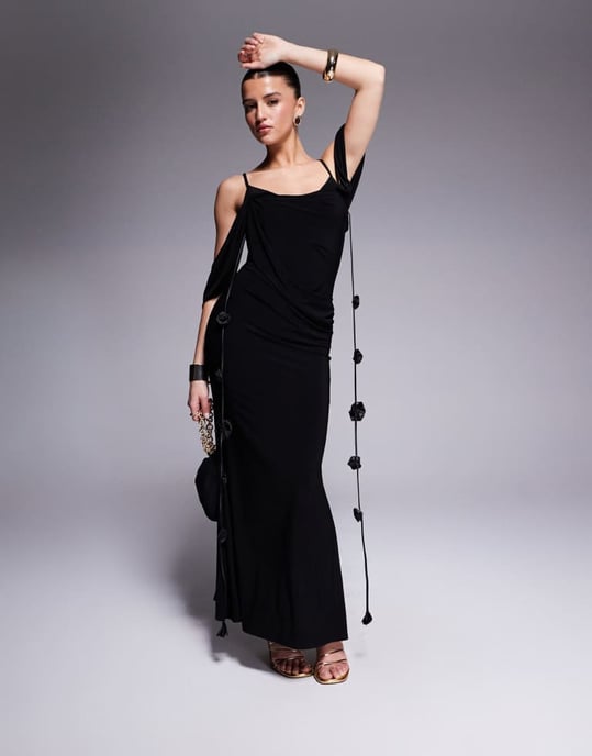ASOS DESIGN draperad Bardot midi-klänning med lagerkrage och blommor i svart - Image 3