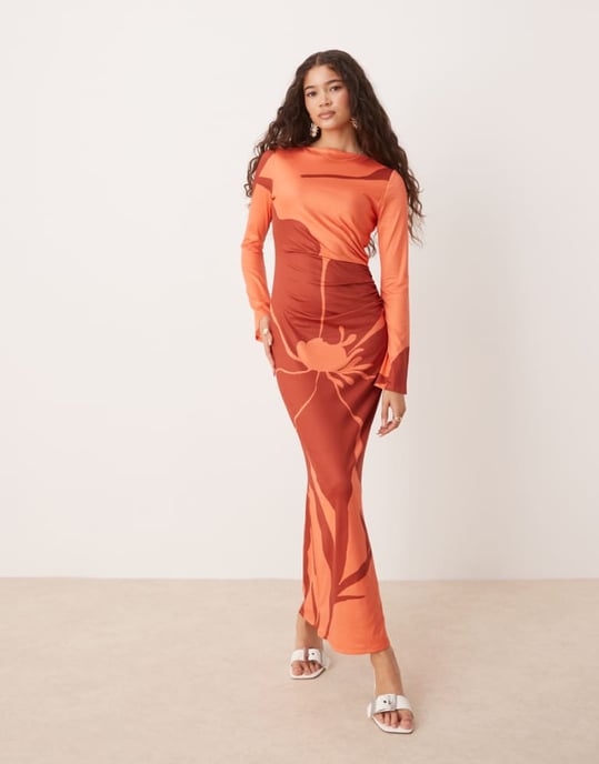 ASOS DESIGN ängel långärmad midiklänning i orange och röd blommönster - Image 1
