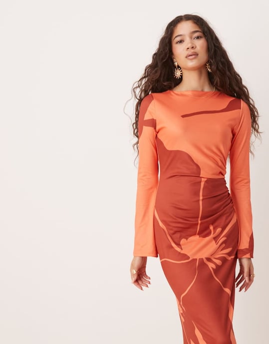 ASOS DESIGN ängel långärmad midiklänning i orange och röd blommönster - Image 2