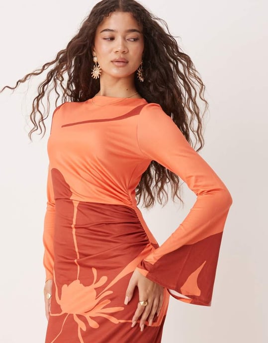 ASOS DESIGN ängel långärmad midiklänning i orange och röd blommönster - Image 4