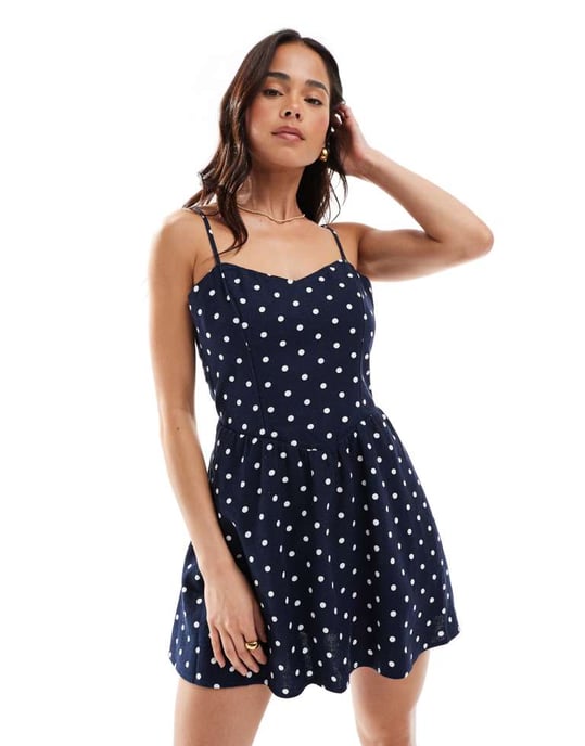 Hollister drop waist spagettiband mini klänning i marinblått prickigt mönster - Image 2